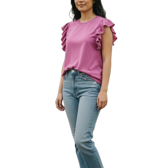 CeCe Tops - CeCe Pink Ruffle Sleeve Knit Top Plus Size 2X Feminine Soft Stretch NWT